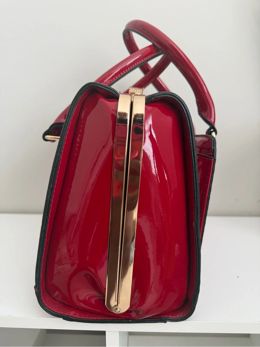Patent Leather Red Top-Handle Bag with Gold Hardware